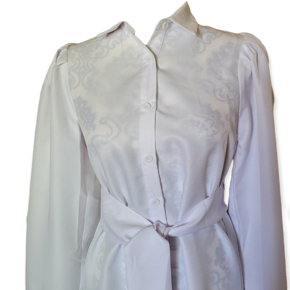 PrettyLittleThing White Flare Puff Sleeve Tie Waist Shirt Dress size 4 - Picture 5 of 13
